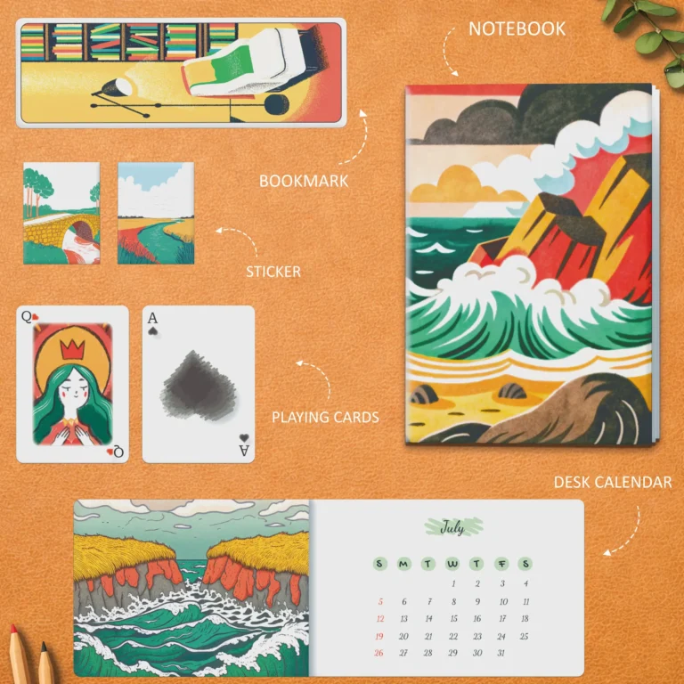 Desk Essentials Gift Box with a notebook, desk calendar, bookmarks, and stickers, playing cards. Ideal for corporate gifting, events, and desk-ready gifting.