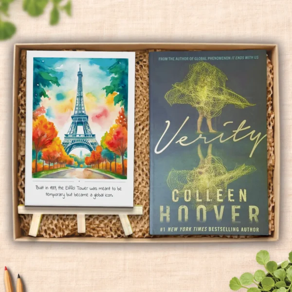 A Hyper Lovely Studio reader gift set featuring a suspense novel and Desk Art Cards, designed for aesthetic reading and workspace personalization.
